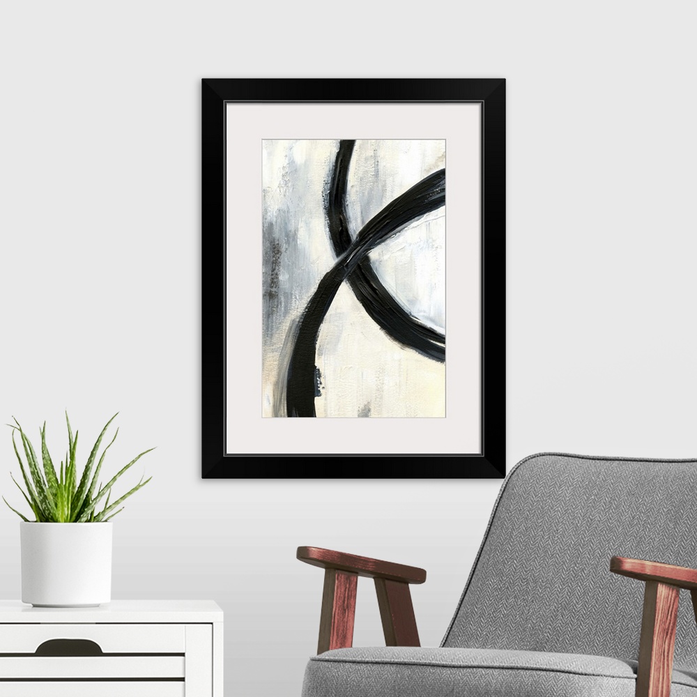 A modern room featuring Contemporary abstract artwork with broad black brush strokes across the center against a neutral ...