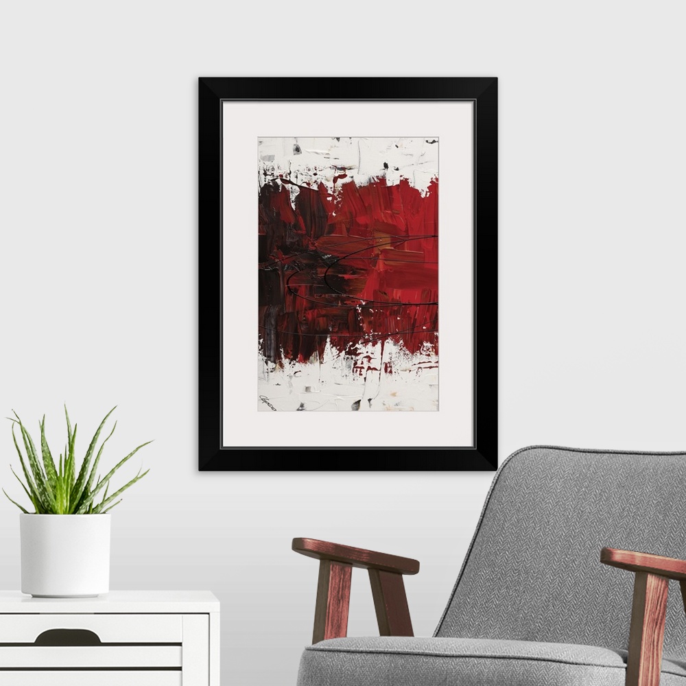 A modern room featuring Abstract painting with thick layering and textures in a red gradient and white on the top and bot...