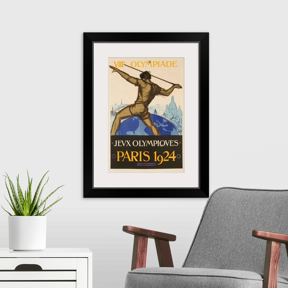 A modern room featuring Paris Summer Olympics Poster showing Javelin throwing athlete. Illustrated by Orsi.