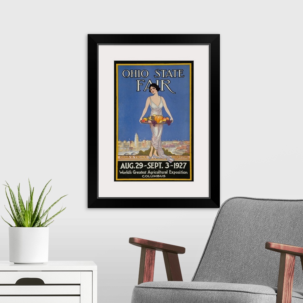 A modern room featuring 1927 Ohio State Fair Advertising Poster, World's Greatest Agricultural Exposition, showing an ele...