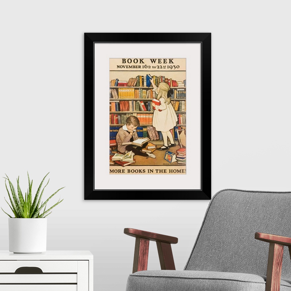A modern room featuring More Books in the Home, illustrated by Jessie Willcox Smith, 1930 Children's Book Week poster sho...