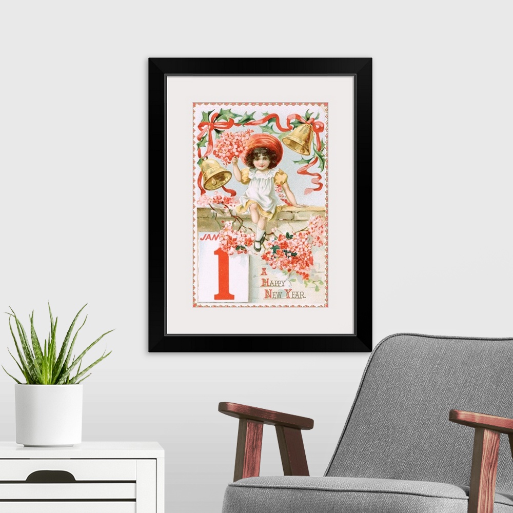 A modern room featuring A Happy New Year Postcard With A Little Girl And Bells