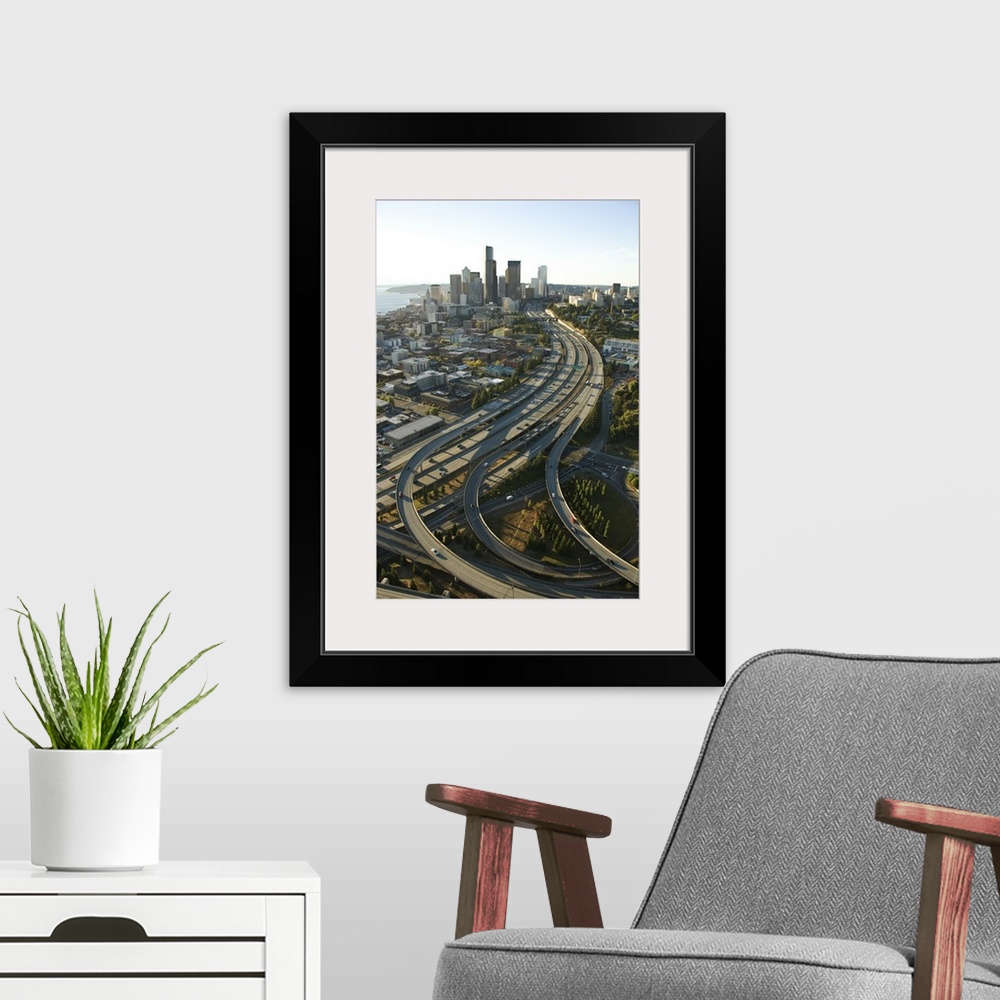 A modern room featuring Aerial view of Seattle freeways and downtown
