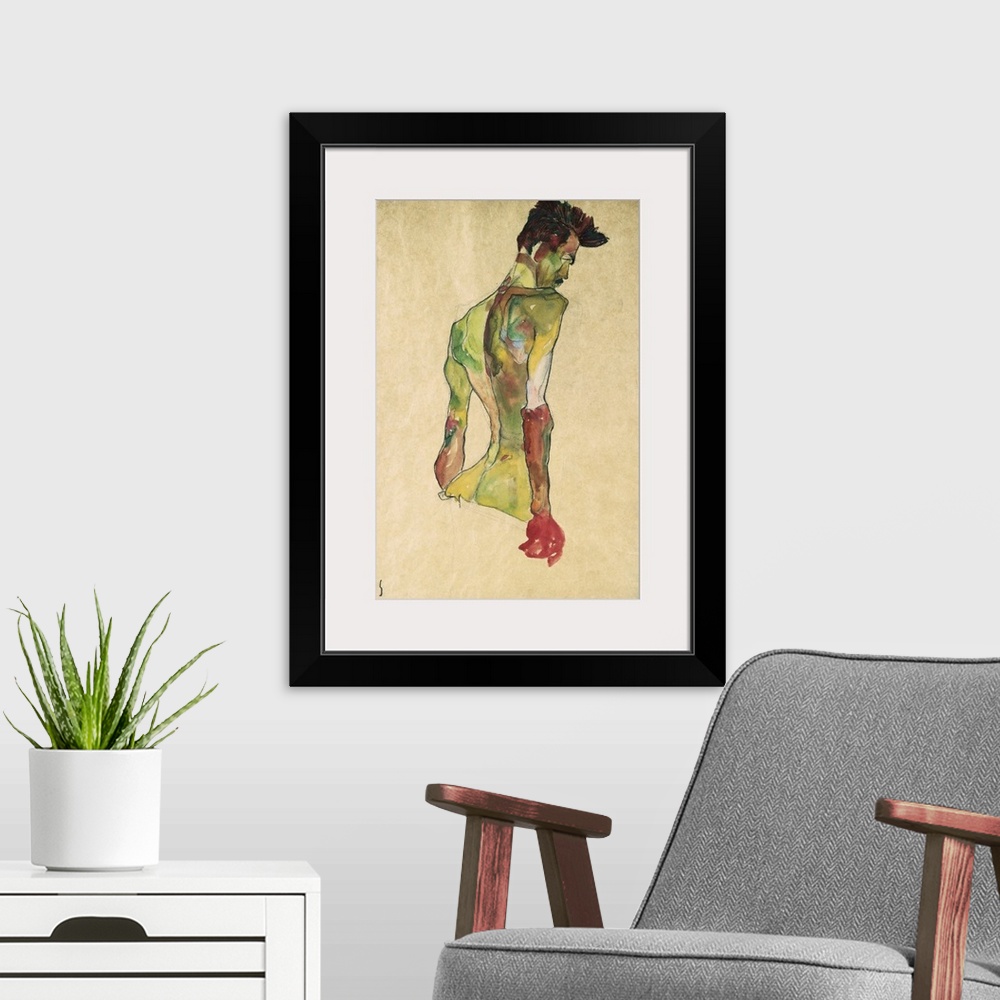A modern room featuring Male Nude In Profile Facing Right By Egon Schiele