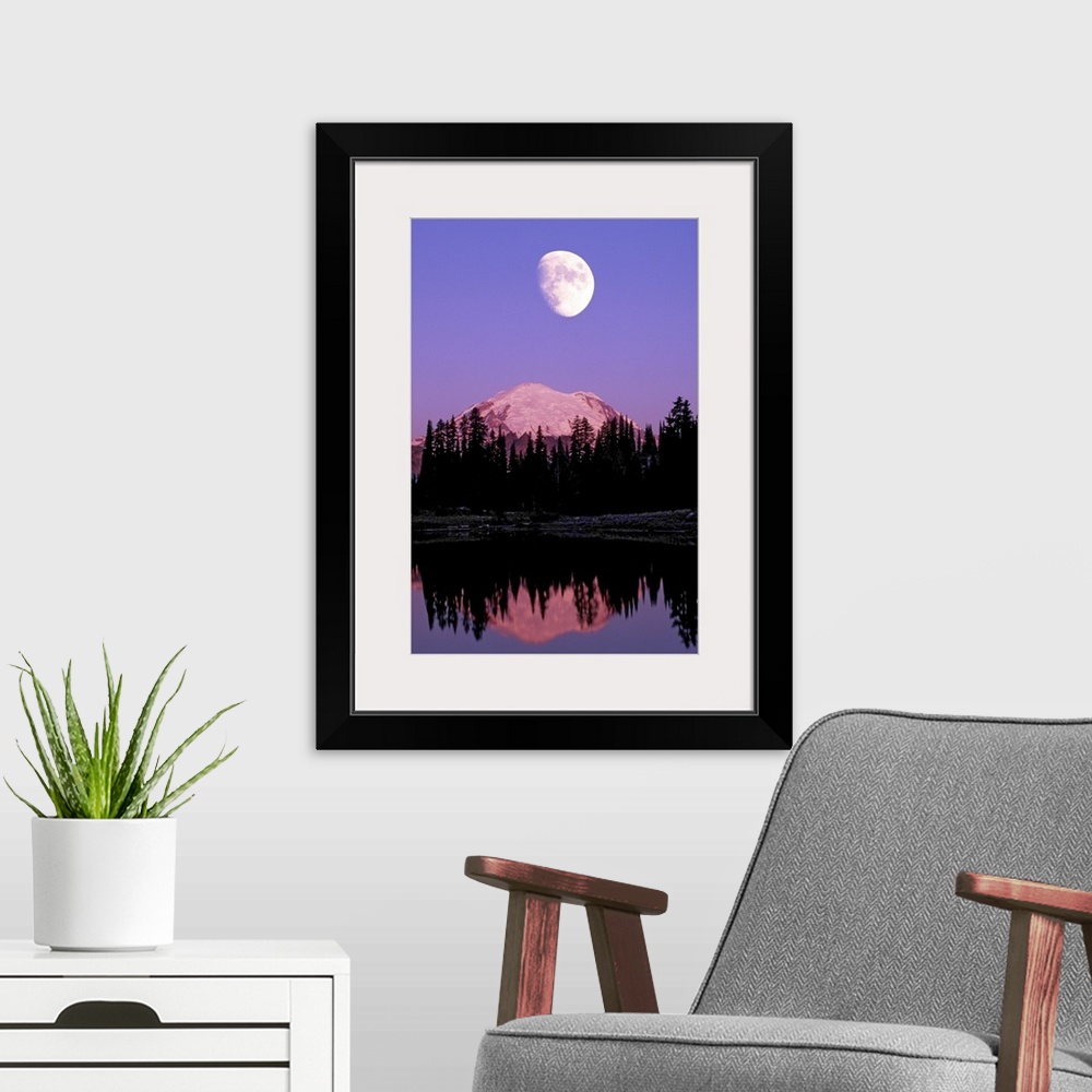 A modern room featuring TIPSOO LAKE AND FULL MOON AT MOUNT RANIER NATIONAL PARK IN WASHINGTON