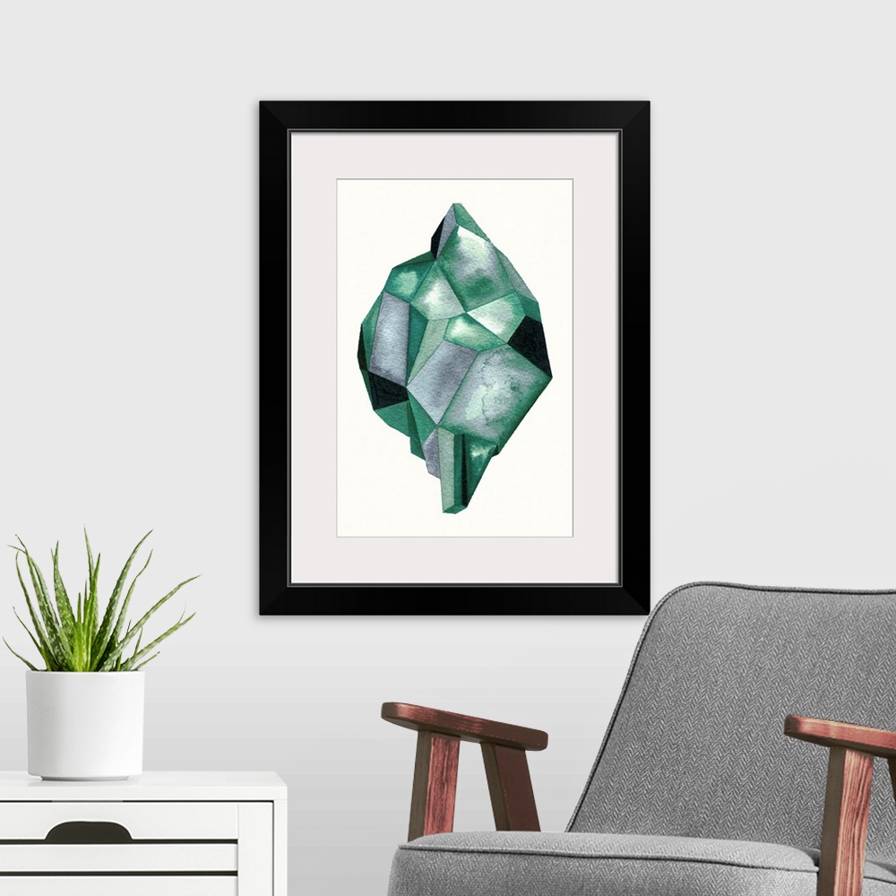 A modern room featuring A contemporary abstract watercolor painting of an emerald colored crystal-like shape.