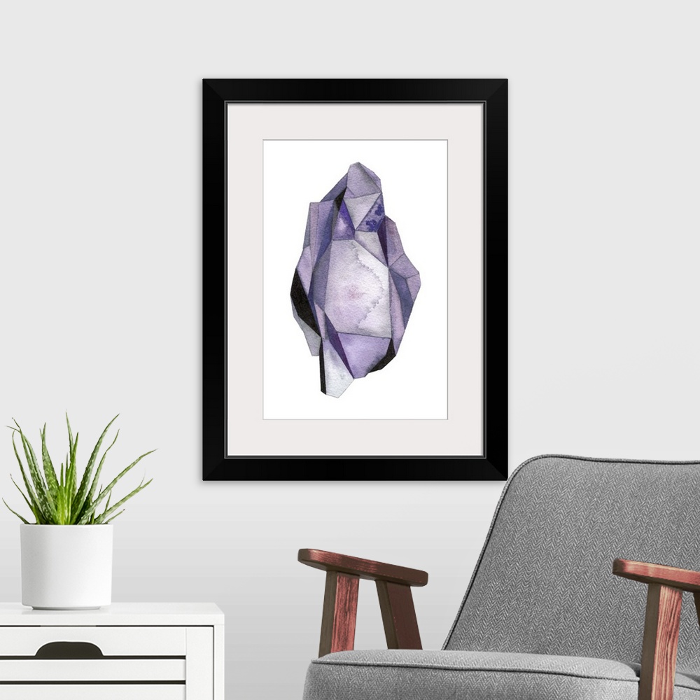 A modern room featuring A contemporary abstract watercolor painting of an amethyst colored crystal-like shape.