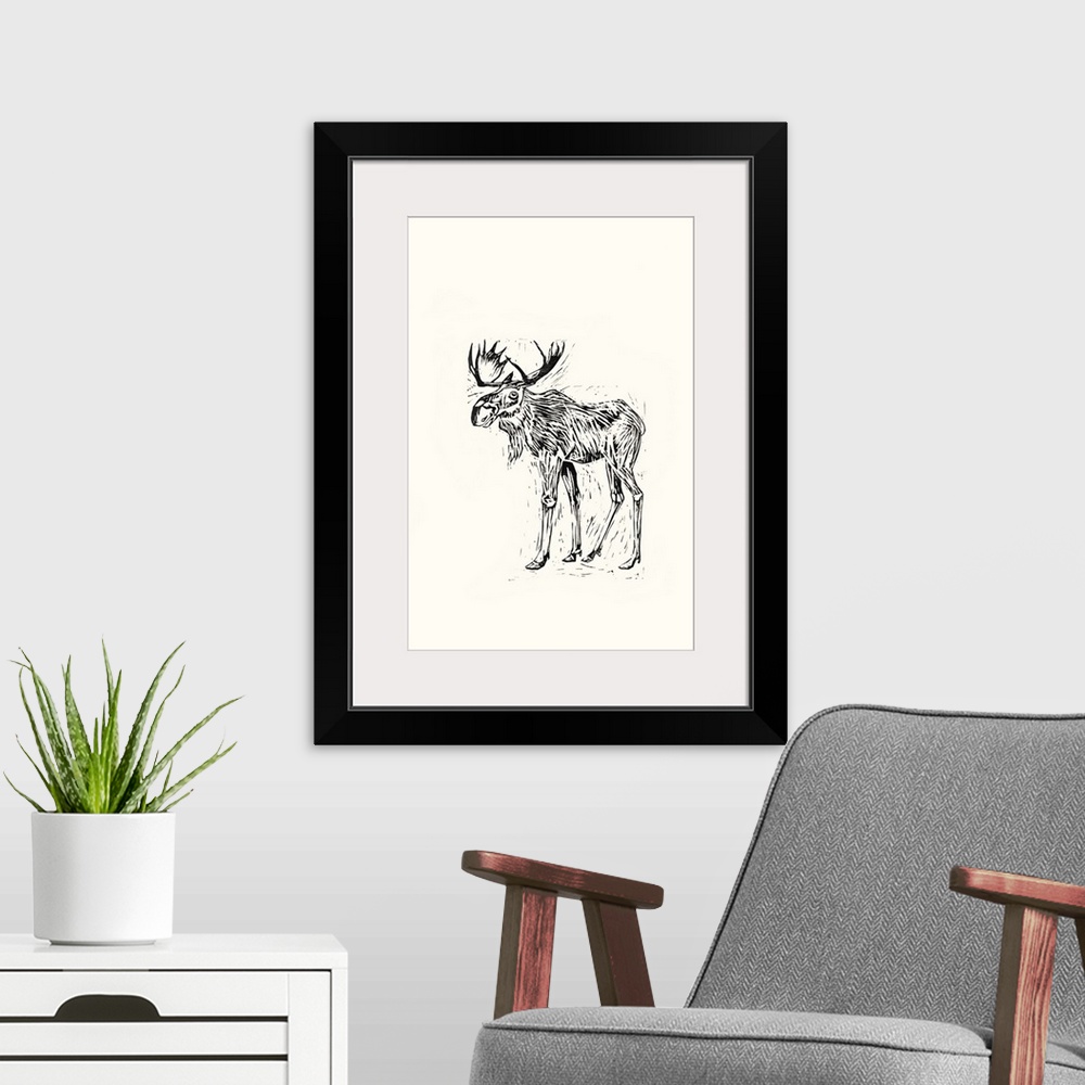 A modern room featuring Black and white block print illustration of a moose on an off white background.