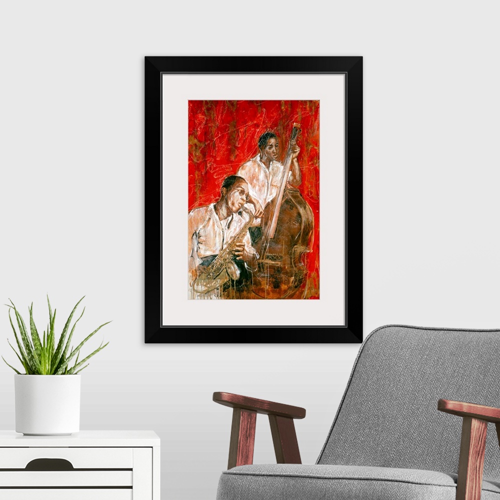 A modern room featuring Vertical, large contemporary painting of two African American Jazz musicians, one playing the sax...