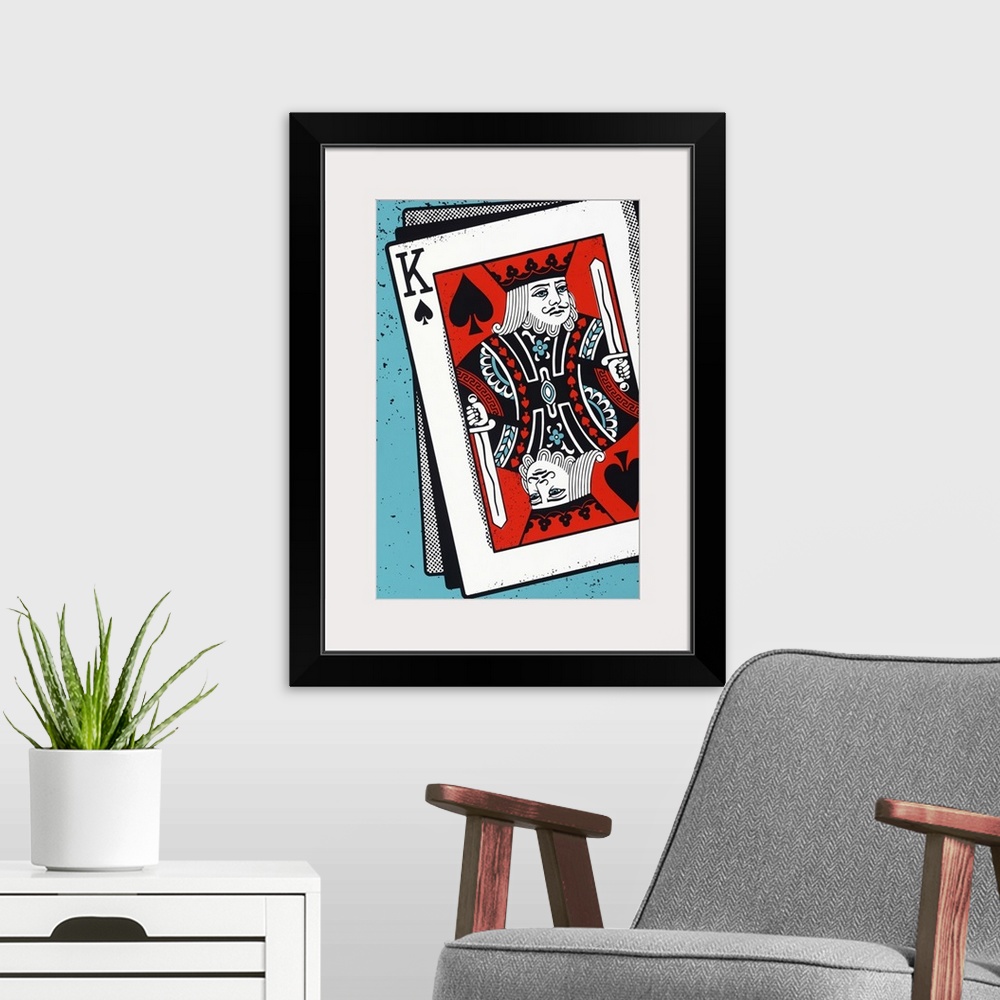 A modern room featuring Digital illustration of a King of spades on a teal background.