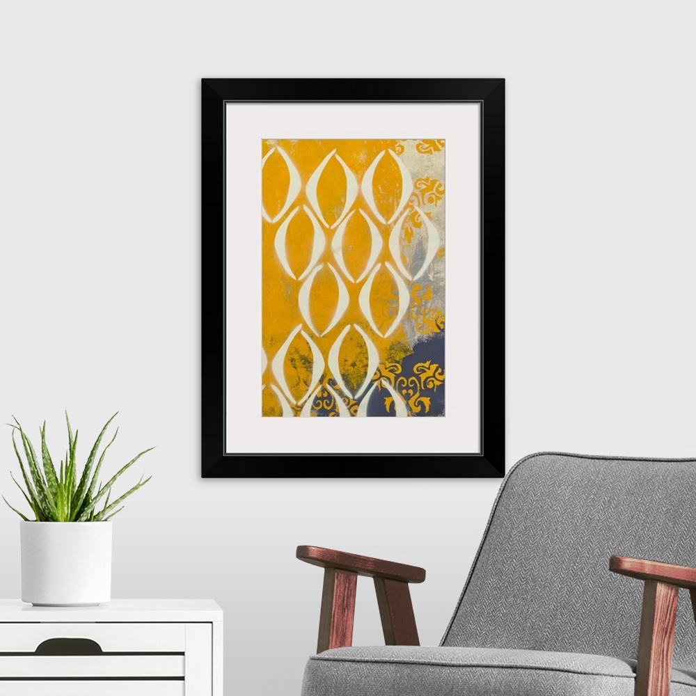 A modern room featuring Contemporary abstract painting created with grey and mustard yellow hues and repeating shapes.