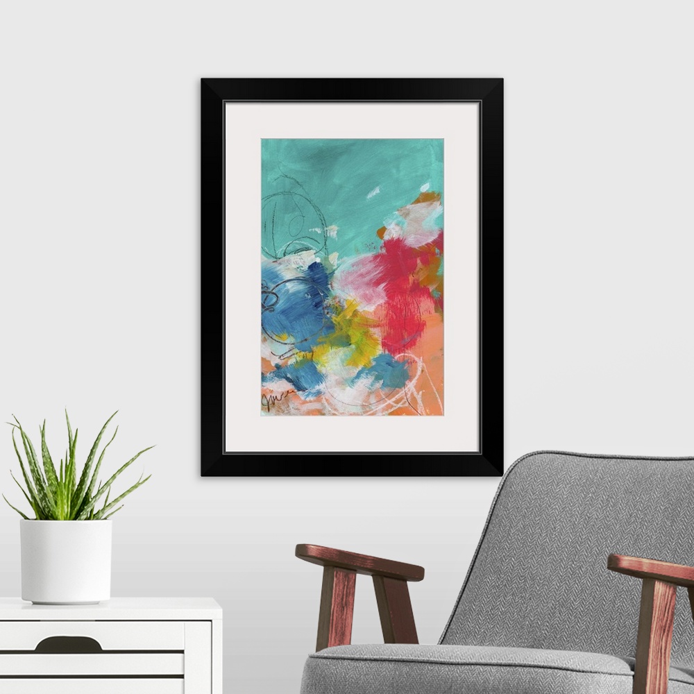 A modern room featuring Contemporary abstract art print of quick brushstrokes in red, blue, coral, and teal.