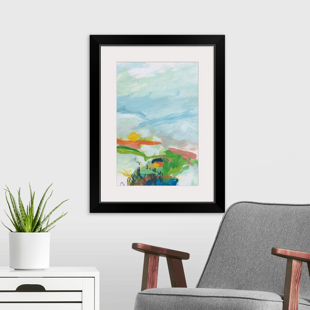 A modern room featuring Abstract landscape painting in green, orange, and pale blue.