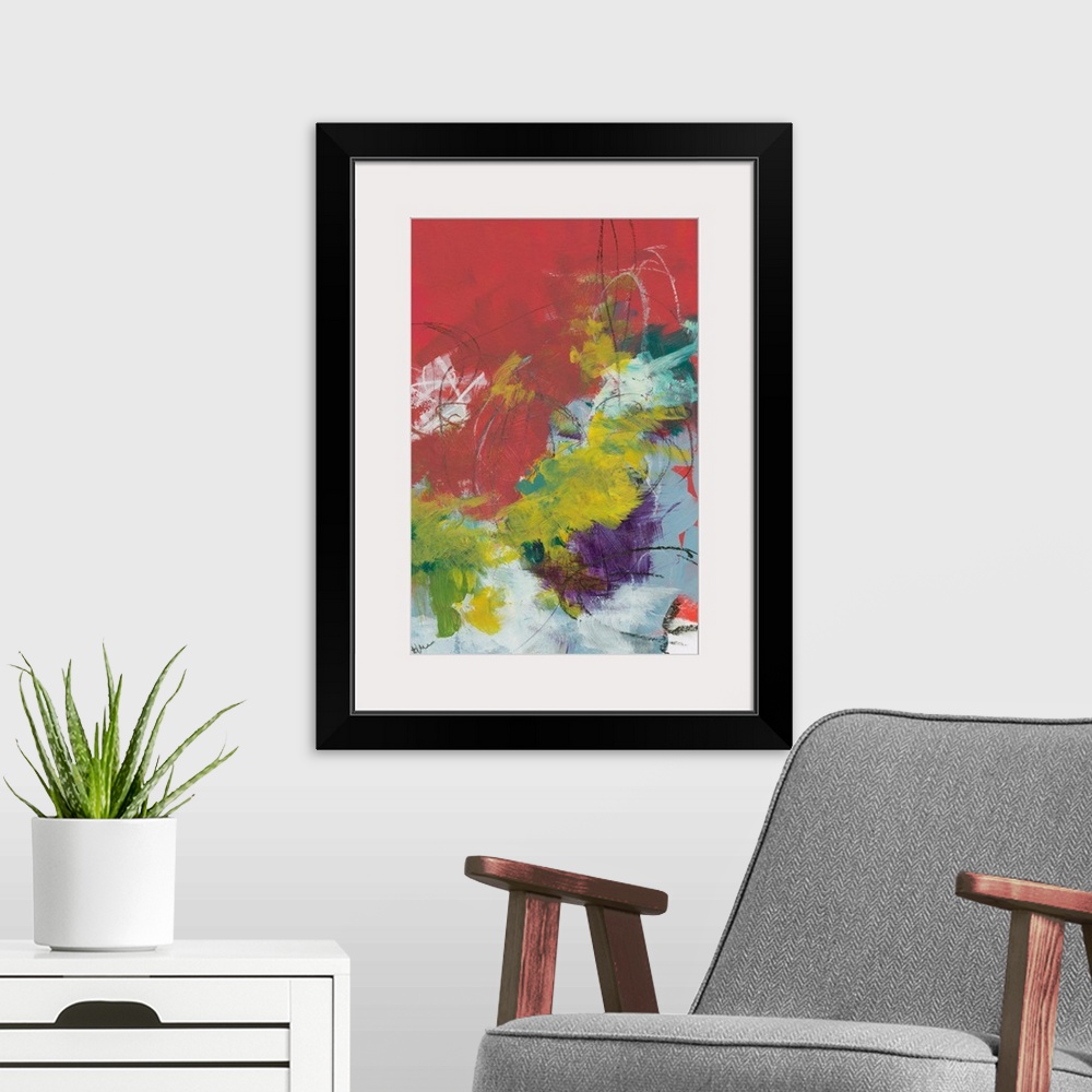 A modern room featuring Abstract contemporary artwork of quick brushstrokes in yellow, red, and purple.
