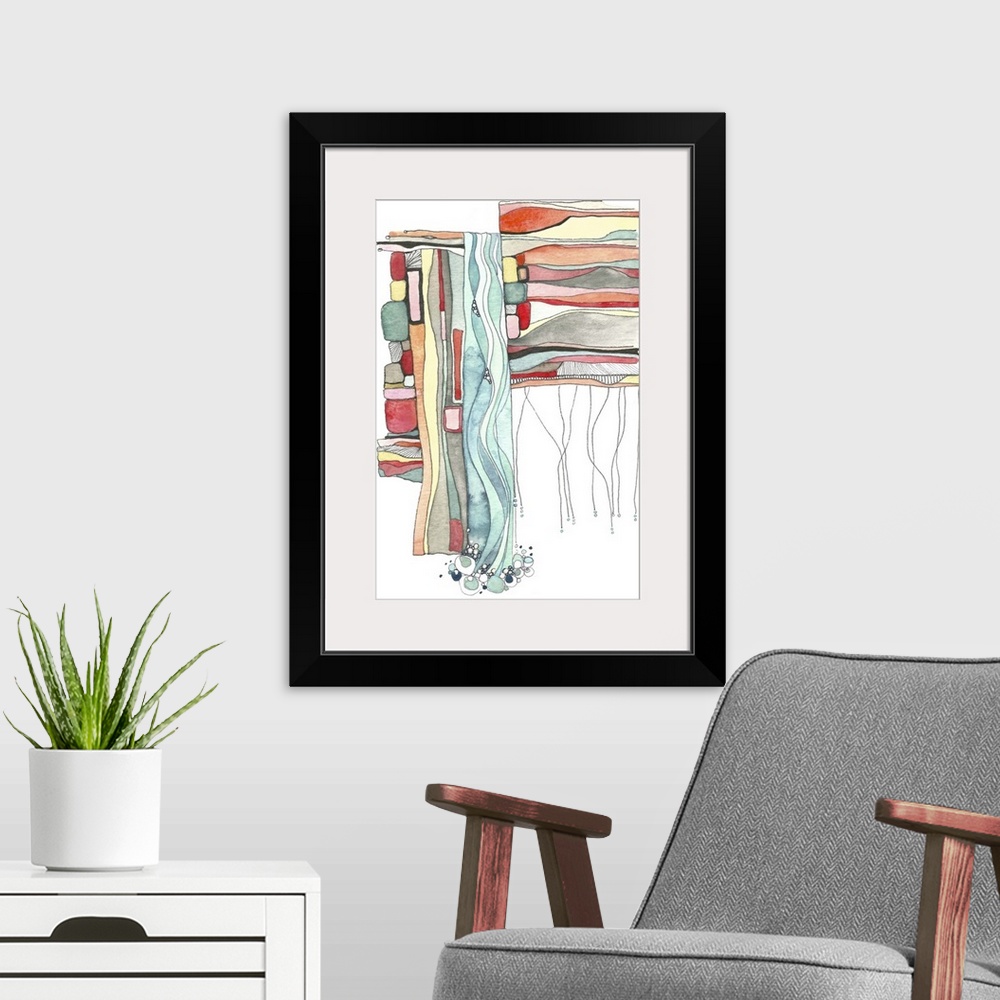A modern room featuring Contemporary abstract watercolor painting in layers of bright colors.