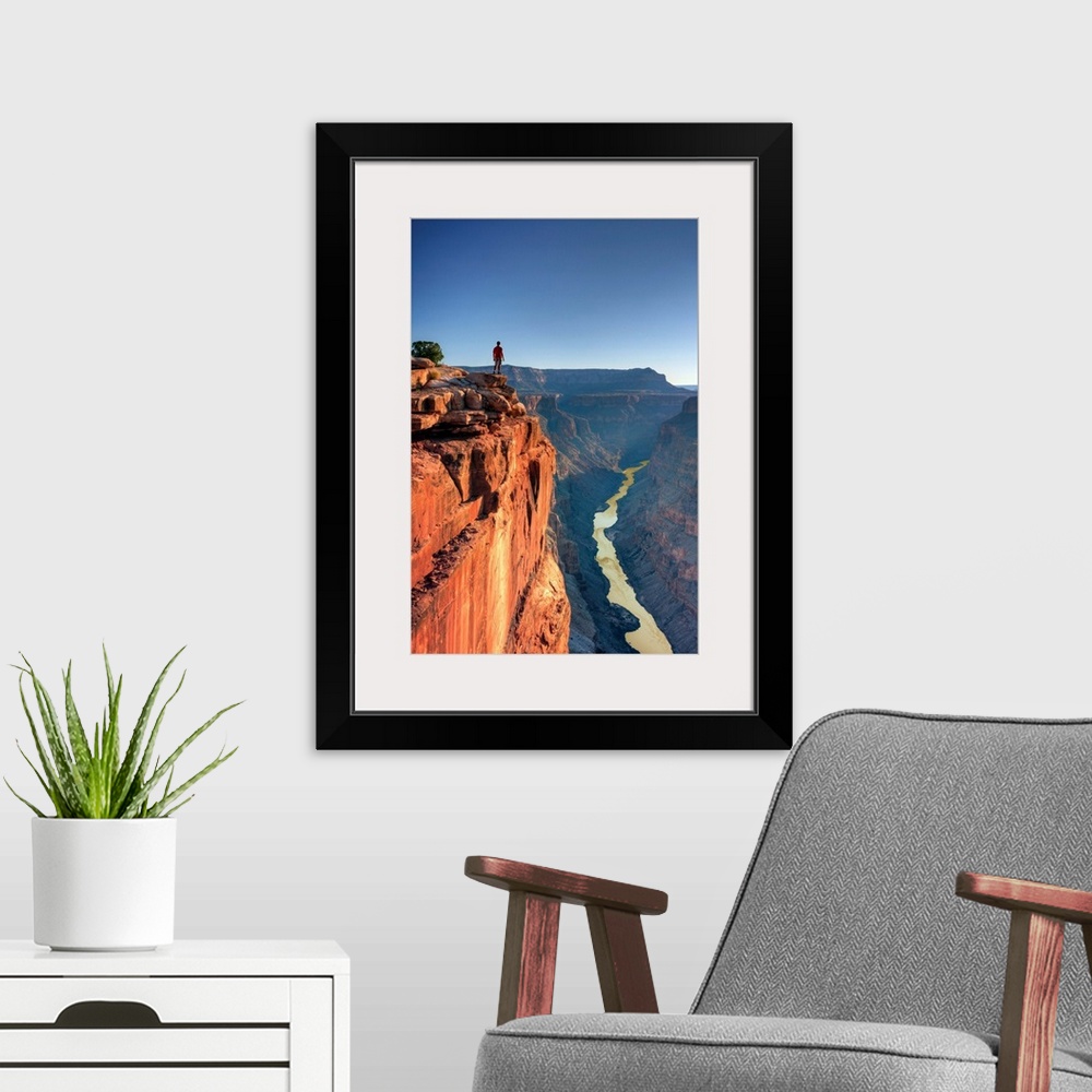 A modern room featuring USA, Arizona, Grand Canyon National Park (North Rim), Toroweap (Tuweep) Overlook, Hiker on cliff ...