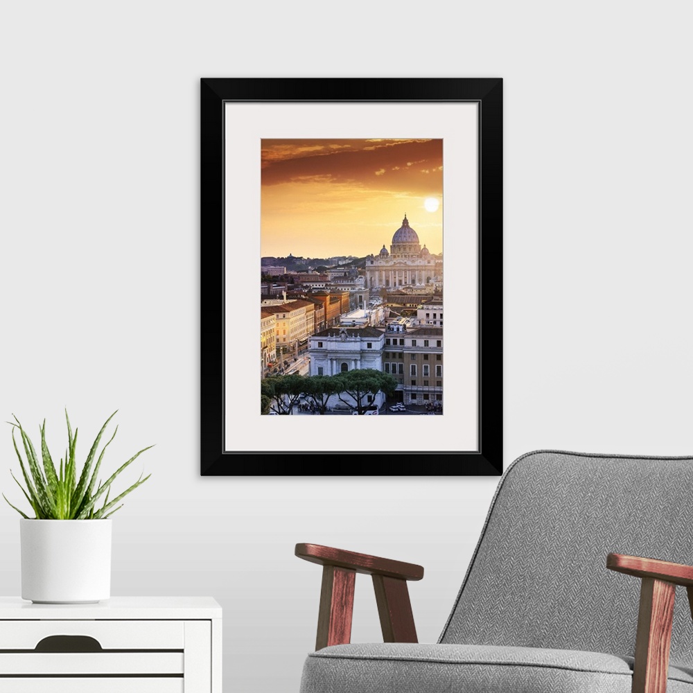 A modern room featuring Italy, Rome, St. Peter Basilica and Via della Conciliazione elevated view at sunset