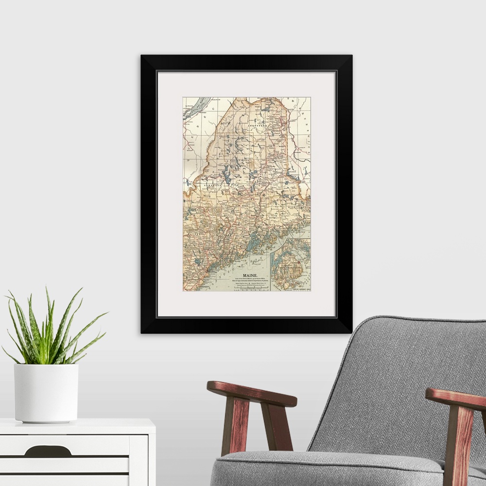 A modern room featuring Maine - Vintage Map