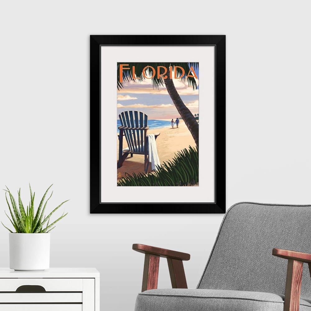 A modern room featuring Adirondack Chairs and Sunset - Florida: Retro Travel Poster
