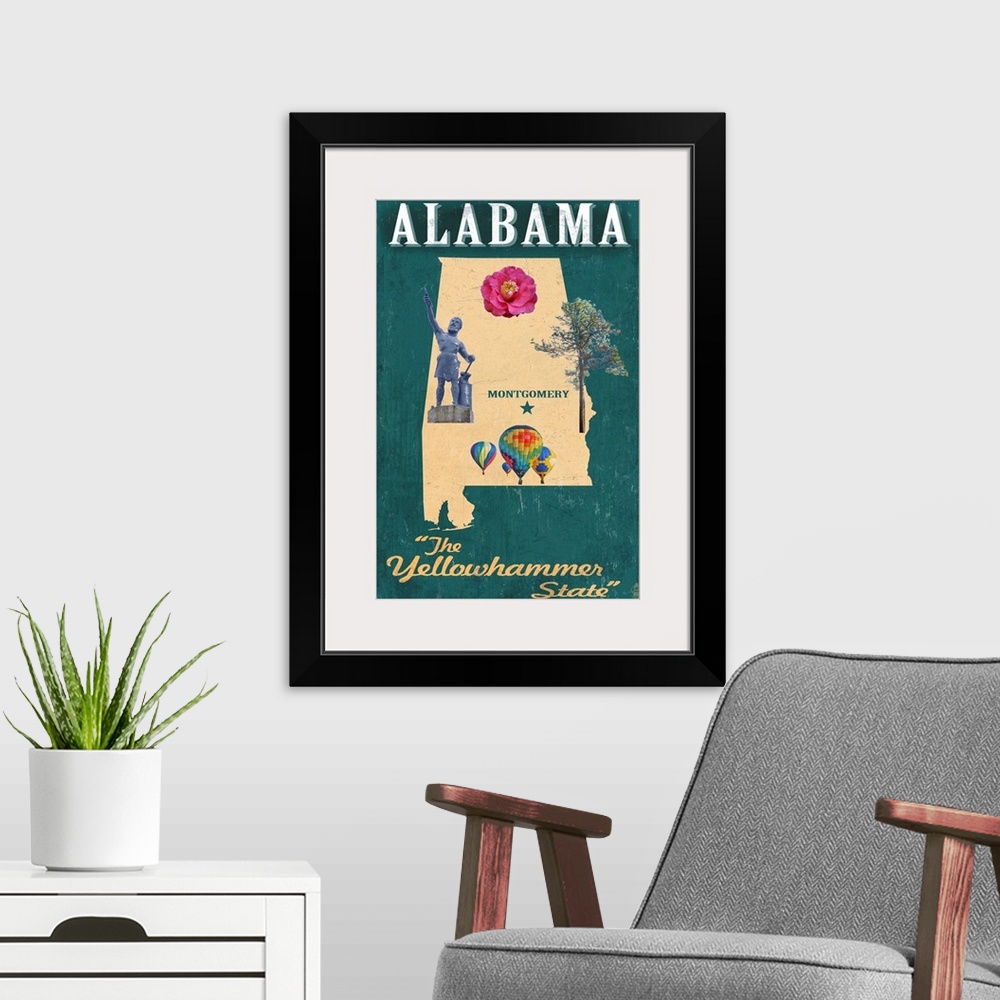 A modern room featuring Alabama - State Icons: Retro Travel Poster