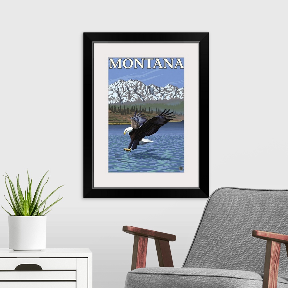 A modern room featuring Bald Eagle Diving - Montana: Retro Travel Poster