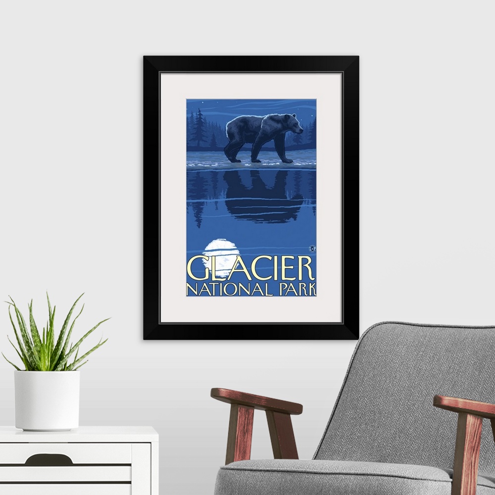 A modern room featuring Bear in Moonlight - Glacier National Park, Montana: Retro Travel Poster