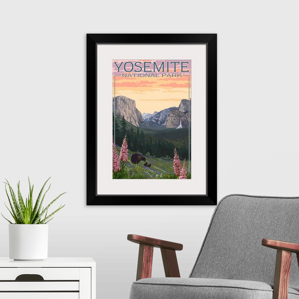 A modern room featuring Bears and Spring Flowers - Yosemite National Park, California: Retro Travel Poster