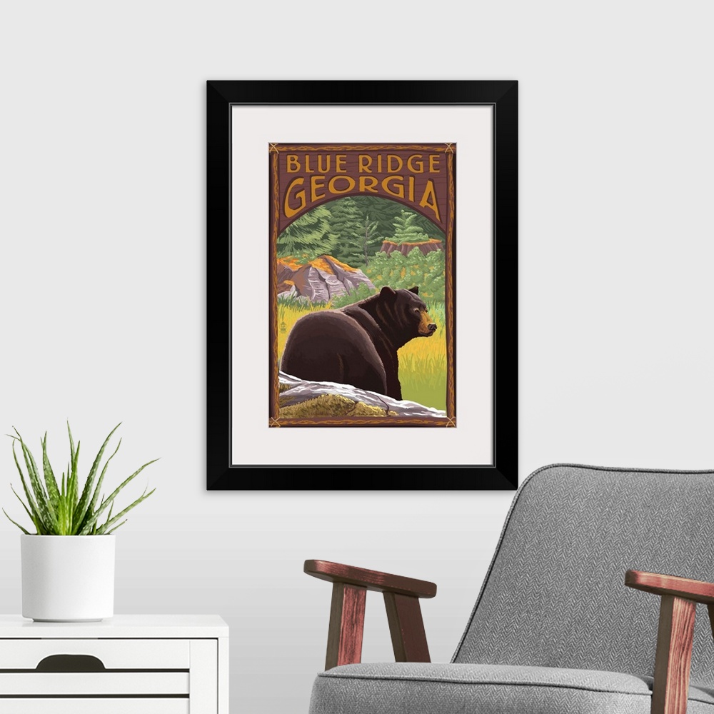 A modern room featuring Retro stylized art poster of an adult black bear standing in a clearing of a pine forest with tre...