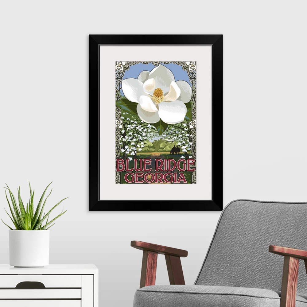 A modern room featuring Retro stylized art poster of a magnolia blossom and a silhouetted couple seated on a park bench
