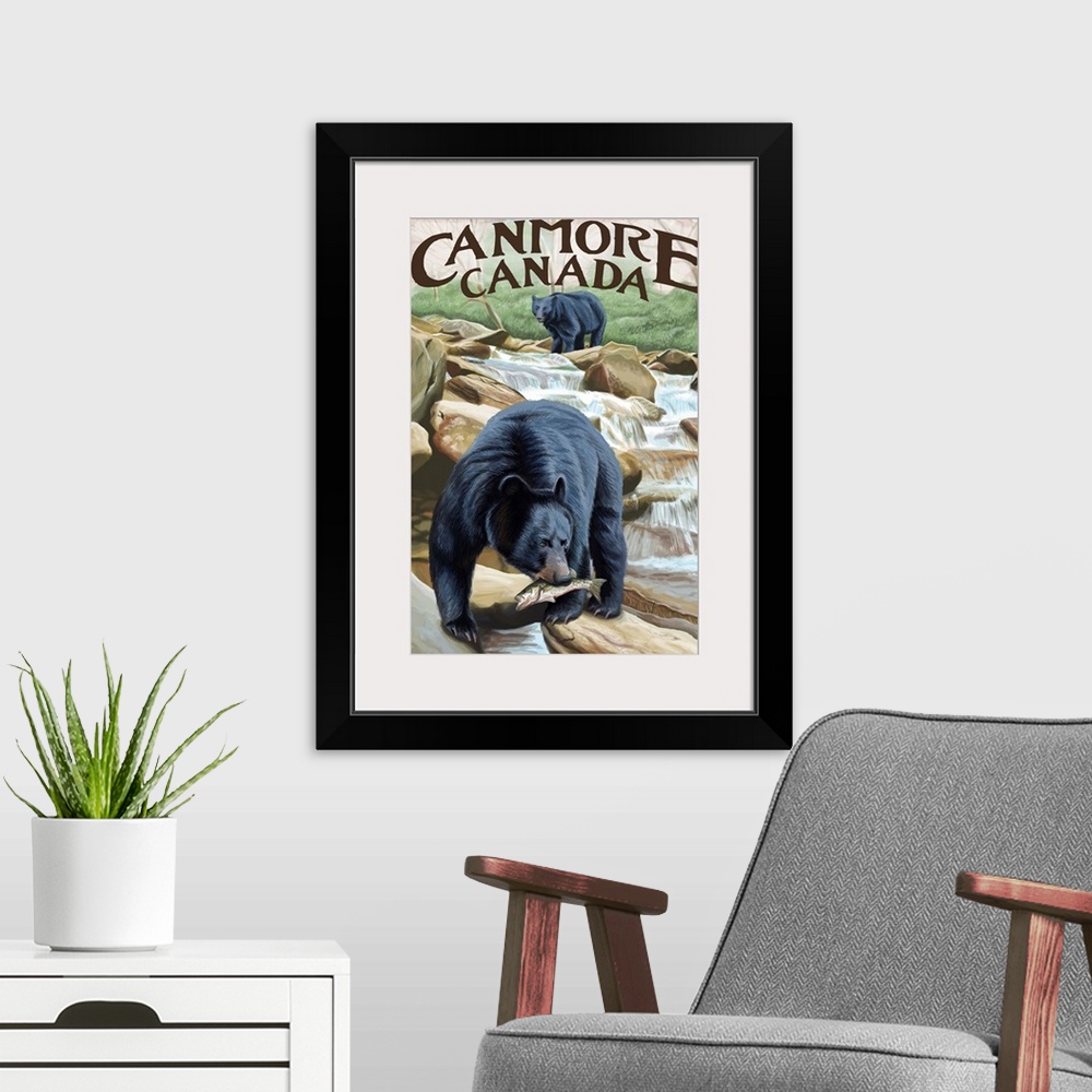 A modern room featuring Retro stylized art poster of a black bear catching fish from a stream in the wild.