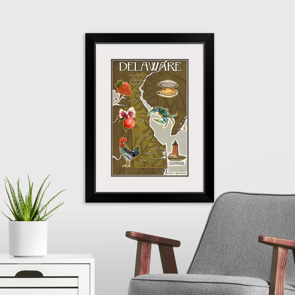 A modern room featuring Delaware Map and Icons: Retro Travel Poster