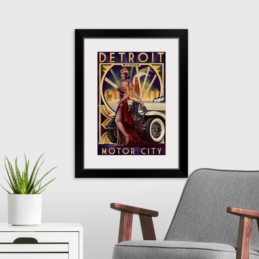 A modern room featuring A stunning art deco style portrait of a glamorously dressed woman leaning against an antique auto...