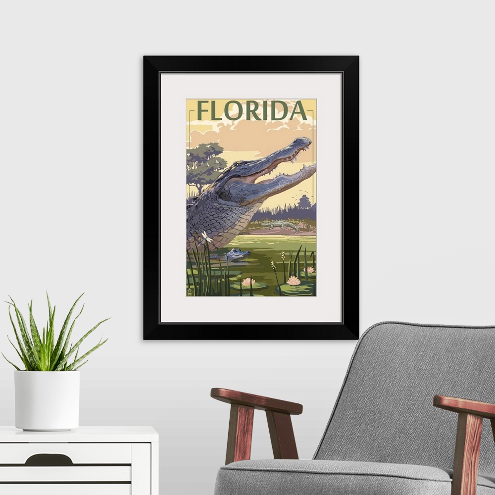 A modern room featuring Retro stylized art poster of a mother alligator with its baby wading in a swamp.