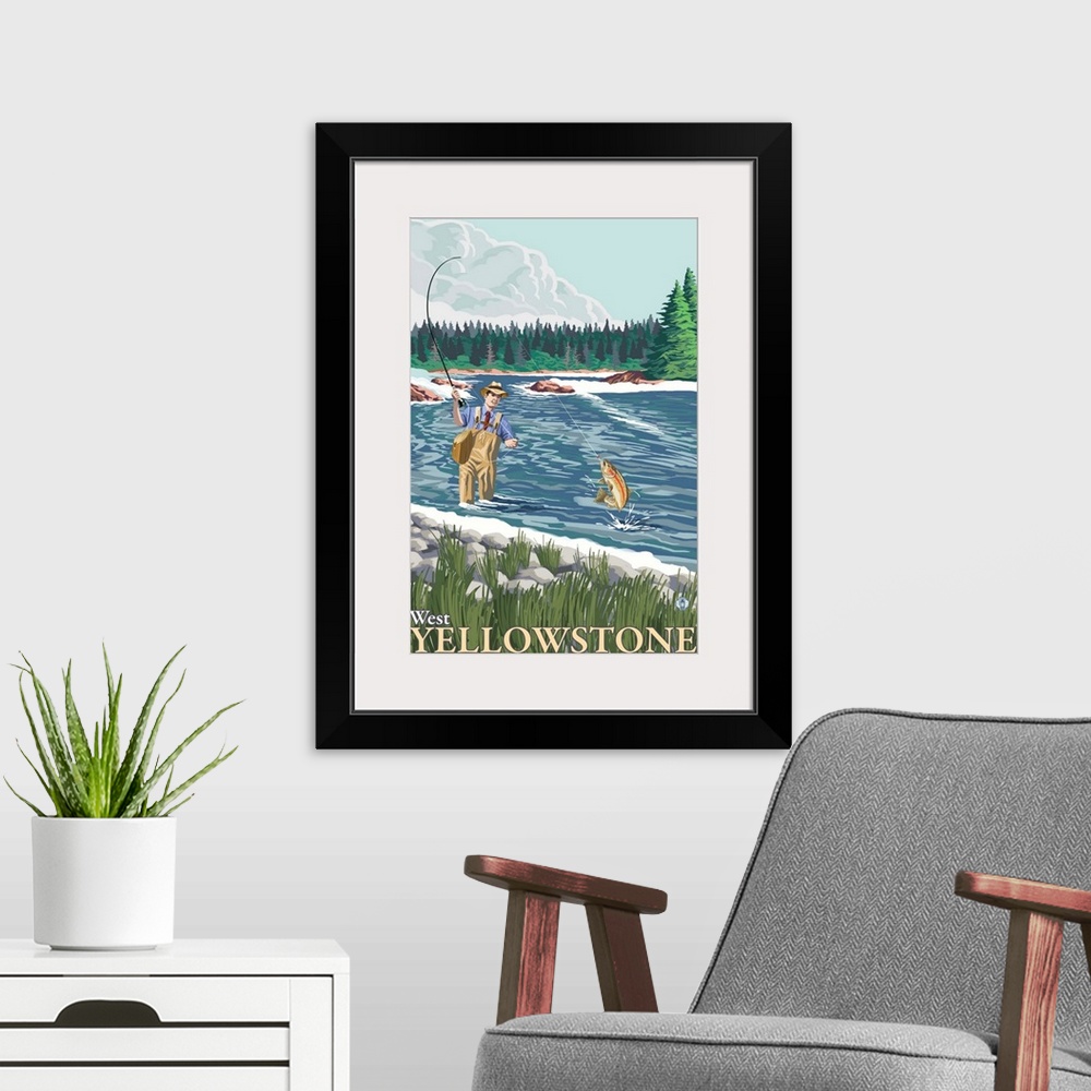 A modern room featuring Fly Fisherman - West Yellowstone, Montana: Retro Travel Poster