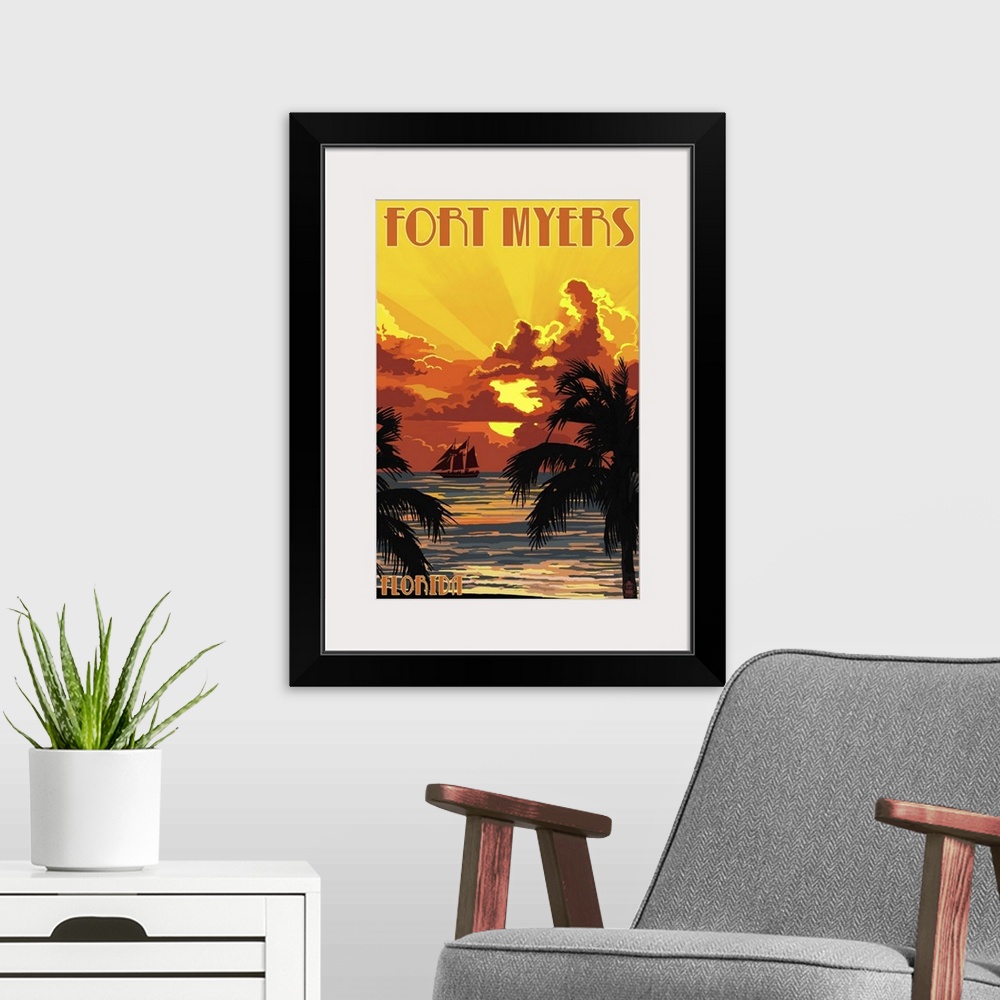 A modern room featuring Fort Myers, Florida - Sunset and Ship: Retro Travel Poster