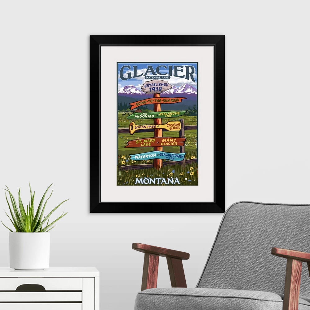 A modern room featuring Glacier National Park, Destination Sign: Retro Travel Poster