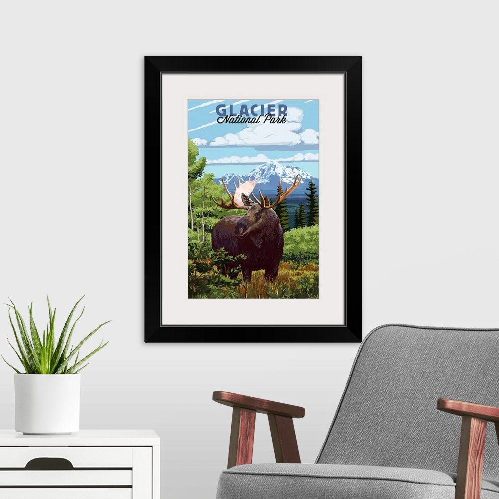 A modern room featuring Glacier National Park, Moose: Retro Travel Poster