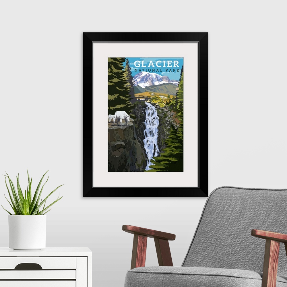 A modern room featuring Glacier National Park, Sheep: Retro Travel Poster