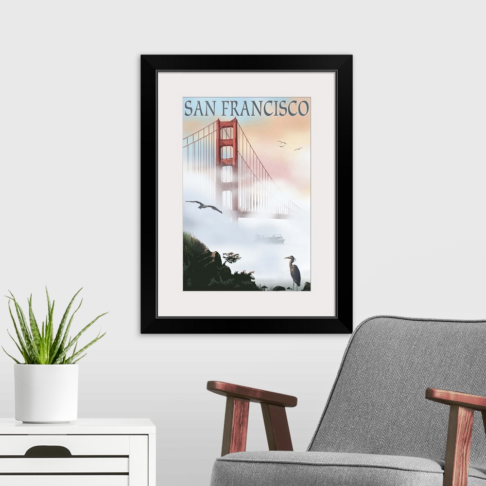 A modern room featuring Golden Gate Bridge in Fog - San Francisco, California: Retro Travel Poster