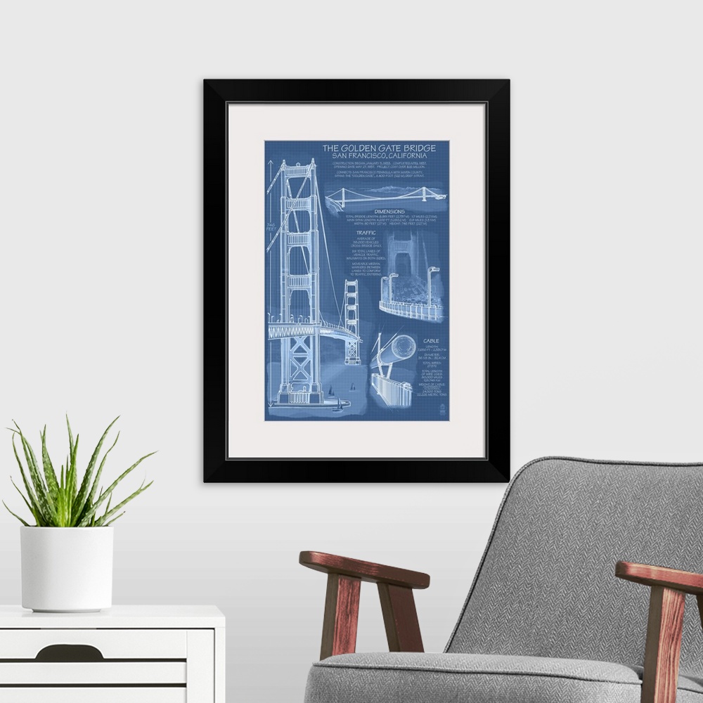 A modern room featuring Golden Gate Bridge - Technical (Blueprint): Retro Travel Poster