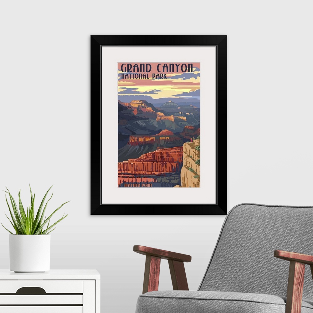 A modern room featuring Retro stylized art poster of a view of a massive canyon.