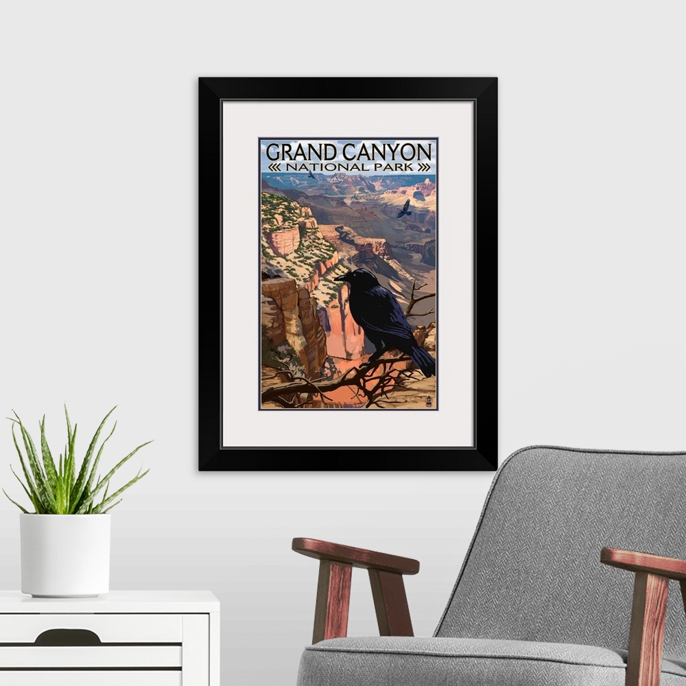 A modern room featuring Retro stylized art poster of a black crow sitting on a branch in front of the Grand Canyon.