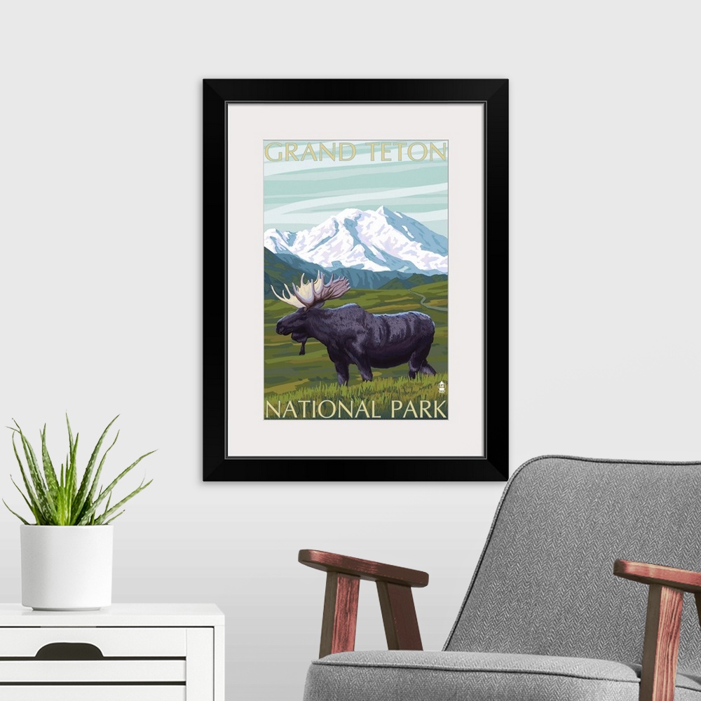 A modern room featuring Grand Teton National Park - Moose and Mountain: Retro Travel Poster