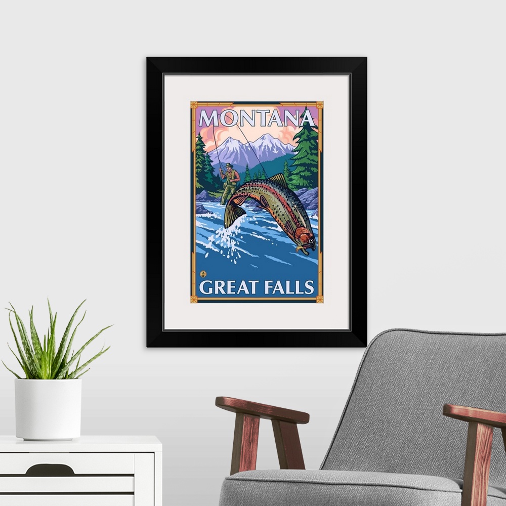 A modern room featuring Great Falls, Montana - Fisherman: Retro Travel Poster