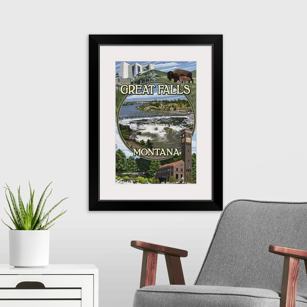 A modern room featuring Great Falls, Montana - Montage: Retro Travel Poster