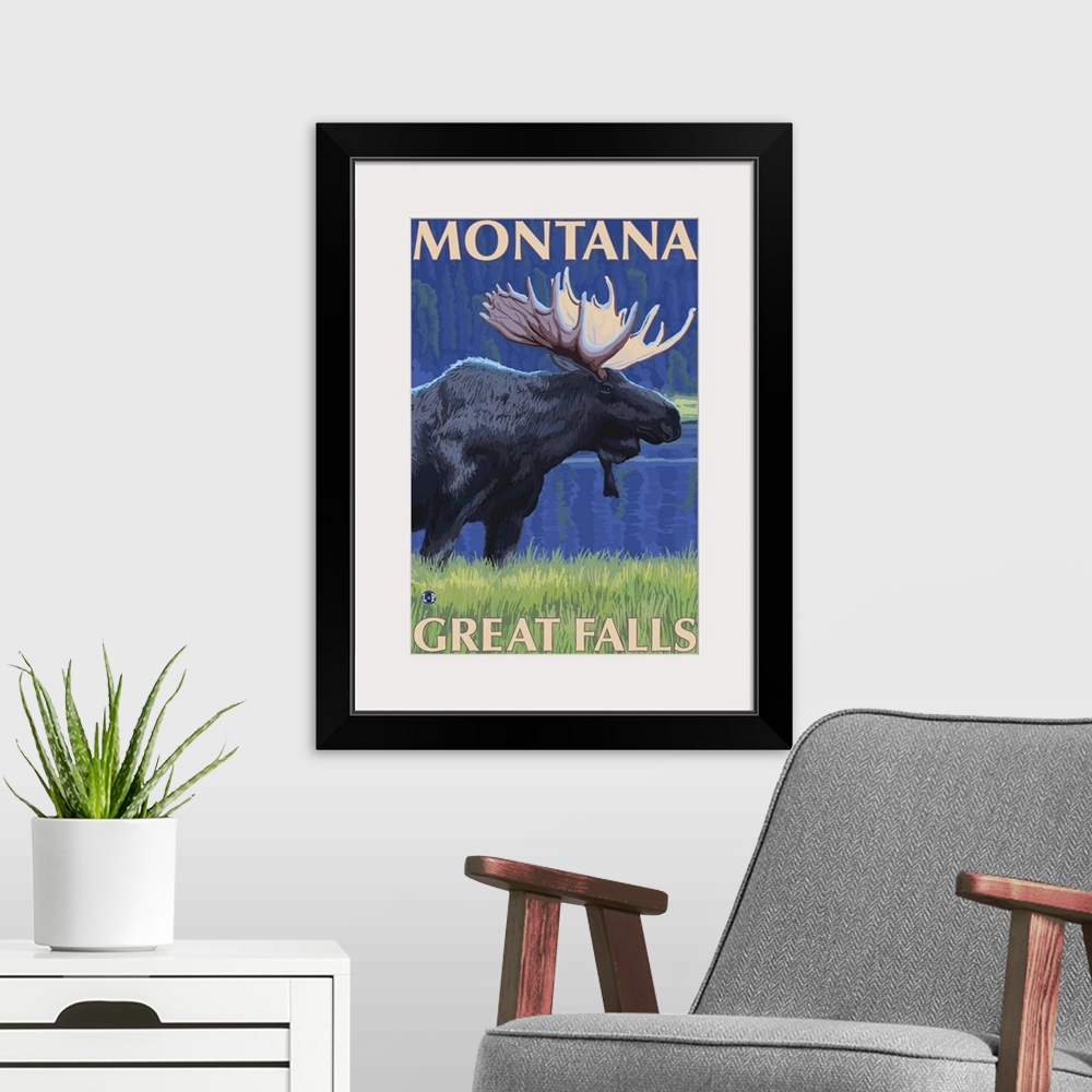 A modern room featuring Great Falls, Montana - Moose at Night: Retro Travel Poster