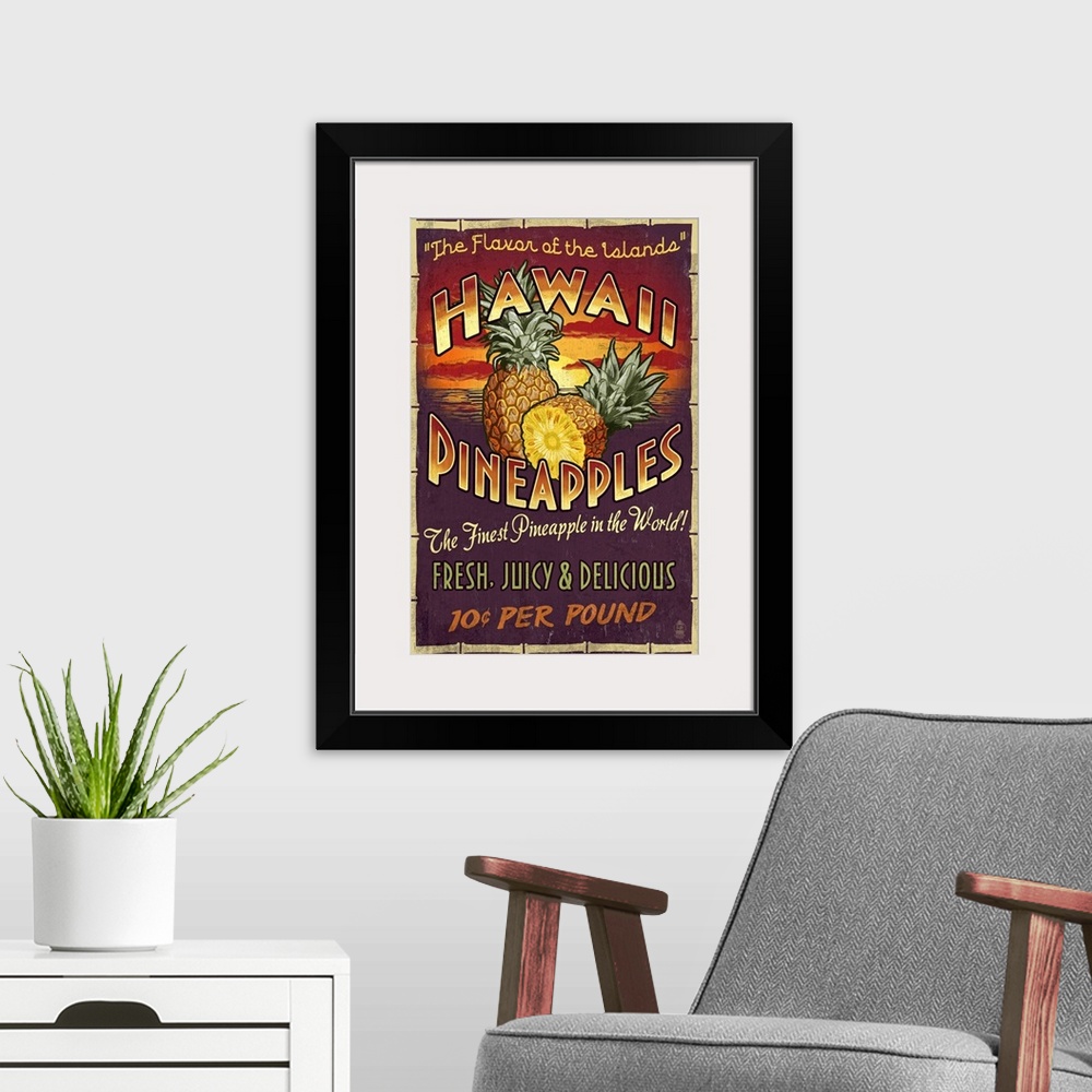 A modern room featuring Hawaiian Pineapple Vintage Sign: Retro Travel Poster