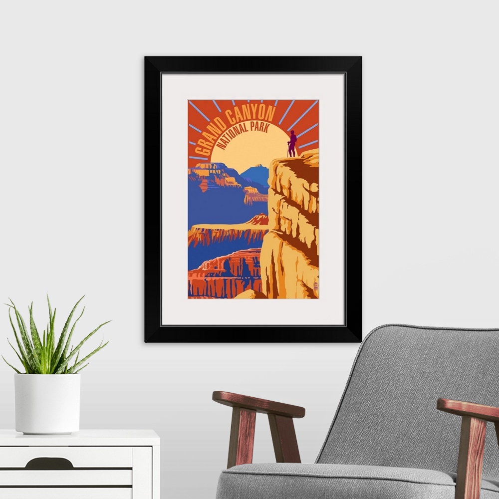 A modern room featuring Hiking At Sunrise In Grand Canyon National Park: Graphic Travel Poster
