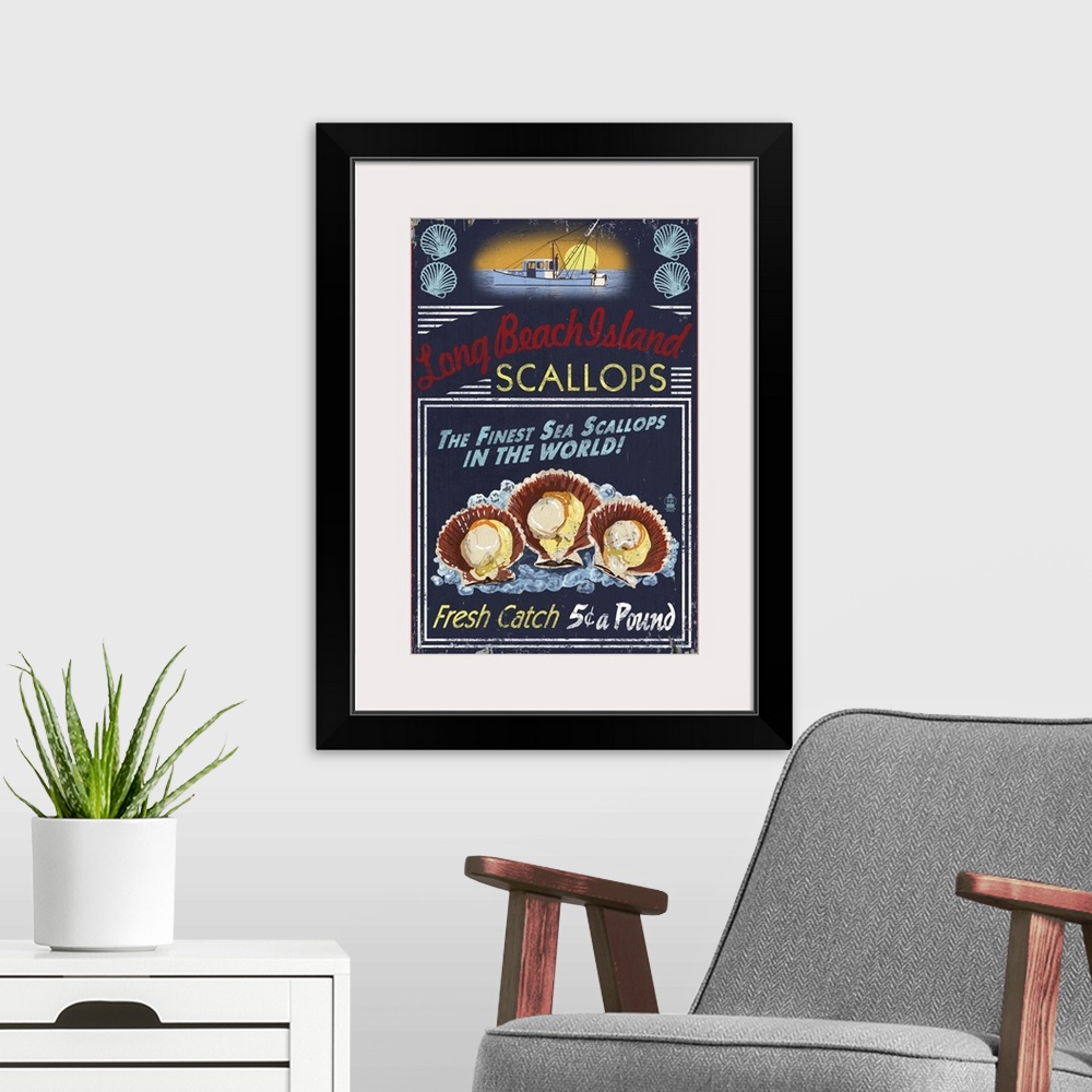 A modern room featuring Long Beach Island, New Jersey - Scallops Vintage Sign: Retro Travel Poster