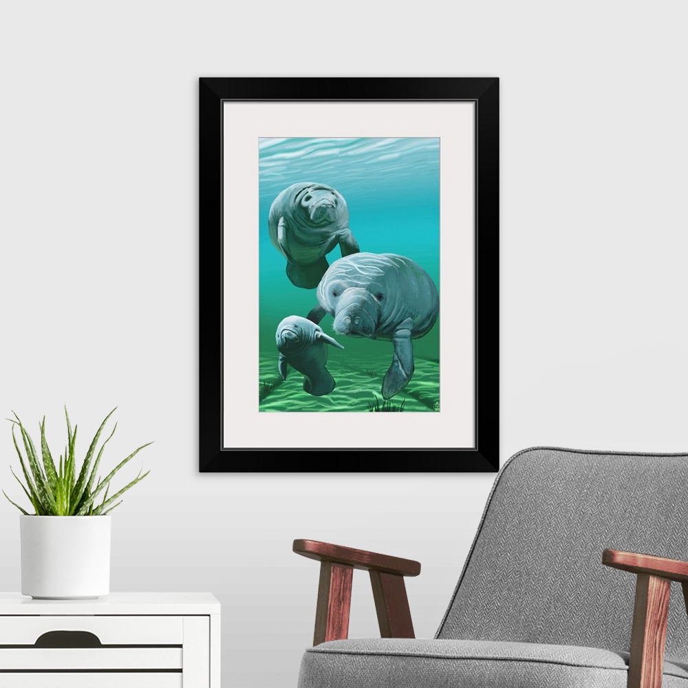 A modern room featuring Retro stylized art poster of manatees floating in a gentle green sea.
